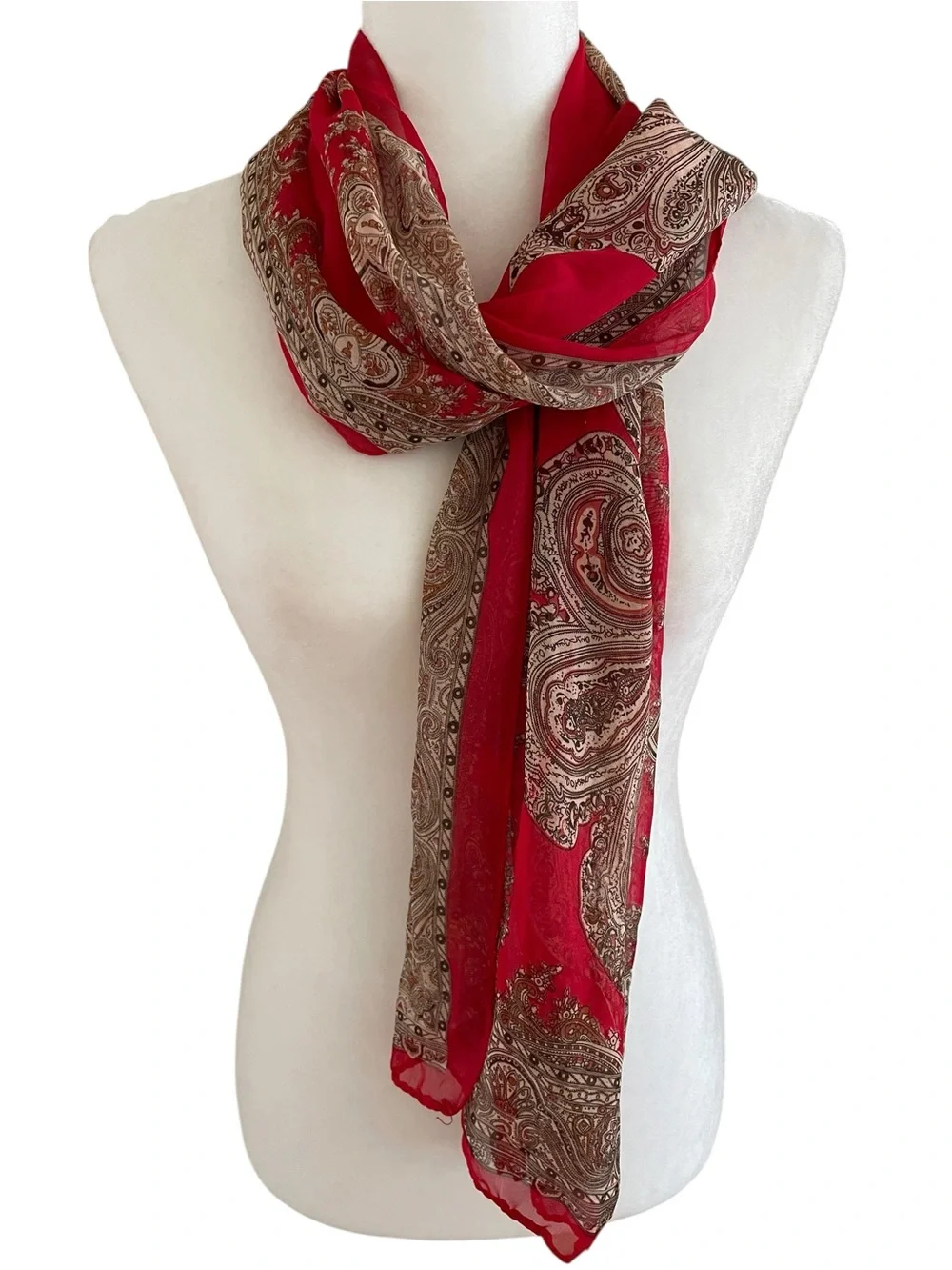 VINTAGE RED PAISLEY VISCOSA SCARF Sheer Lightweight Large Wrap